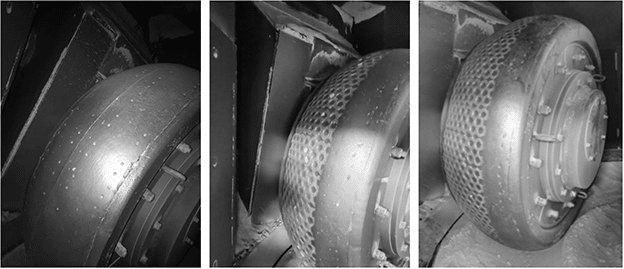 Fig. 3 Estado de desgaste dos rolos de moagem metalocerâmicos