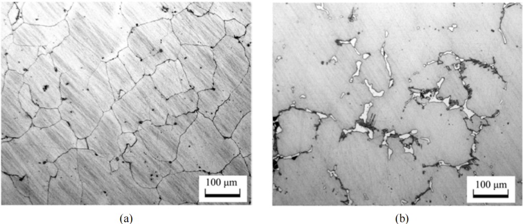 Figure 6. Metallographic structure of different parts of Mn18 hammer head after optimization. (a) Near surface; (b) Central area
